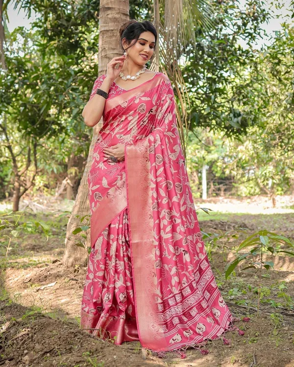 Vibrant_Pink_Tussar_Silk_Saree_with_Intricate_Zari_Border_and_Modern_Floral_Pallu