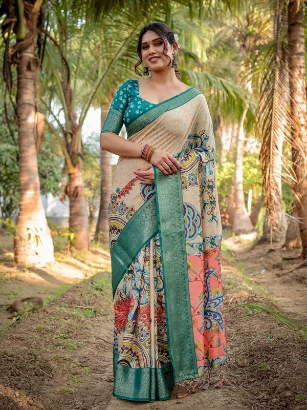 Beige_&_Coral_Elegant_Tussar_Silk_Saree_in_Beige_and_Coral_with_Madhubani_Pallu_and_Zari_Accents