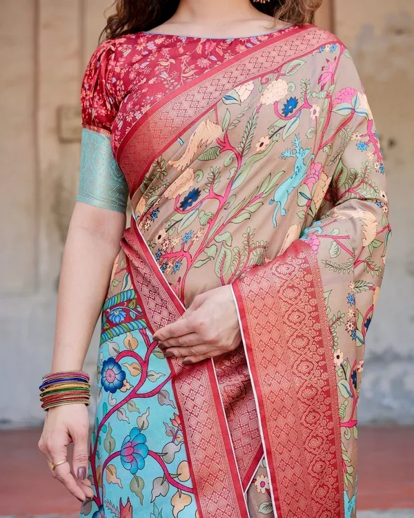 Beige_Tussar_Silk_Saree_with_Vibrant_Multicolor_Floral_Prints_and_Red_Zari_Border