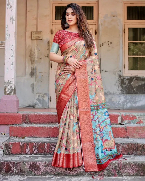 Beige_Tussar_Silk_Saree_with_Vibrant_Multicolor_Floral_Prints_and_Red_Zari_Border