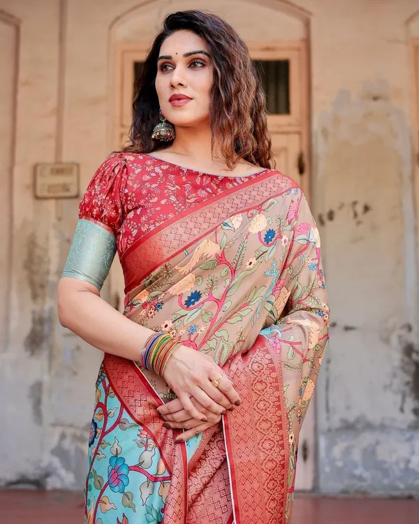 Beige_Tussar_Silk_Saree_with_Vibrant_Multicolor_Floral_Prints_and_Red_Zari_Border