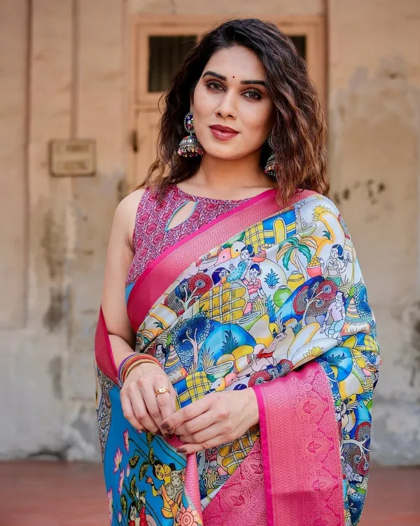 Vibrant_Multicolor_Digital_Printed_Tussar_Silk_Saree_with_Pink_Zari_Border