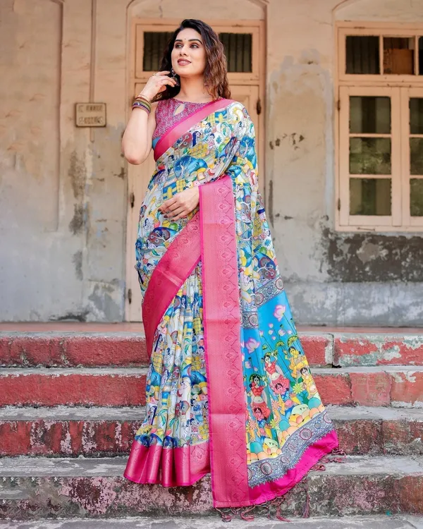 Vibrant_Multicolor_Digital_Printed_Tussar_Silk_Saree_with_Pink_Zari_Border