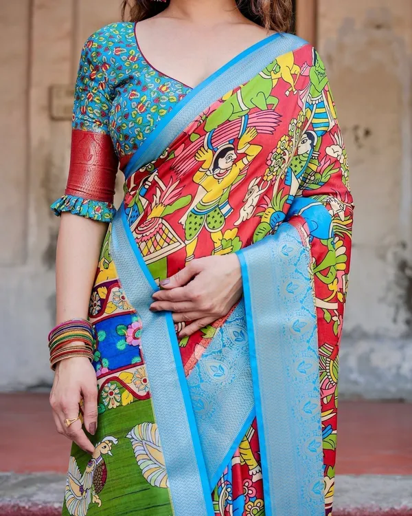 Multicolor_Folk_Art_Inspired_Digital_Print_Tussar_Silk_Saree_with_Sky_Blue_Zari_Border