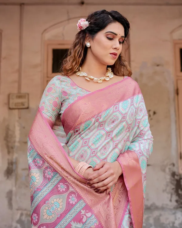Pastel_Pink_and_Mint_Green_Geometric_Tussar_Silk_Saree_with_Zari_Paisley_Border