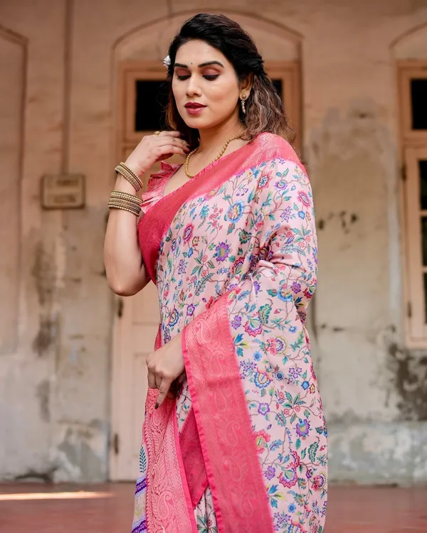 Blush_Pink_Tussar_Silk_Saree_with_Multicolor_Floral_Design_and_Zari_Paisley_Border