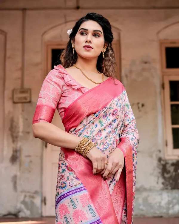 Blush_Pink_Tussar_Silk_Saree_with_Multicolor_Floral_Design_and_Zari_Paisley_Border