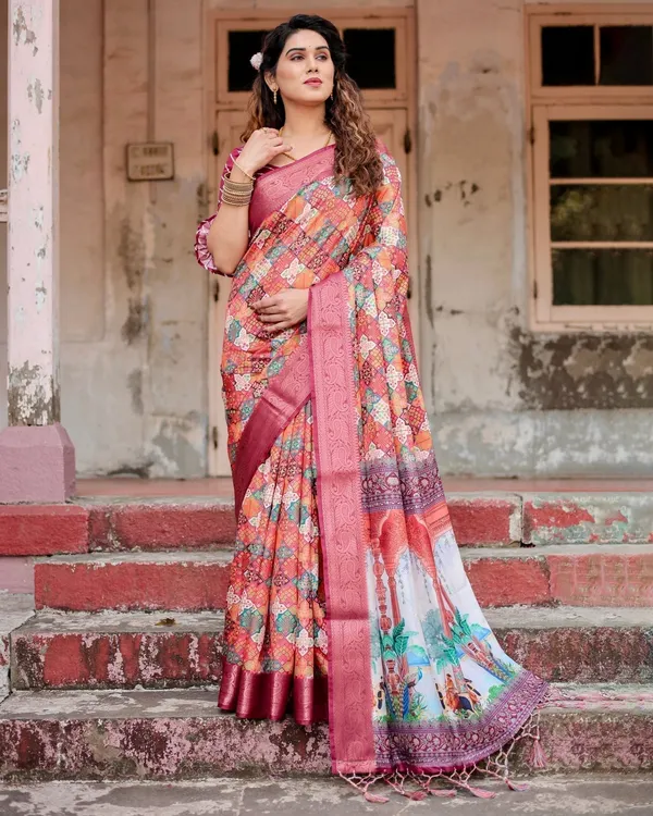 Maroon_Tussar_Silk_Saree_with_Vibrant_Geometric_Tile_Print_and_Zari_Paisley_Border