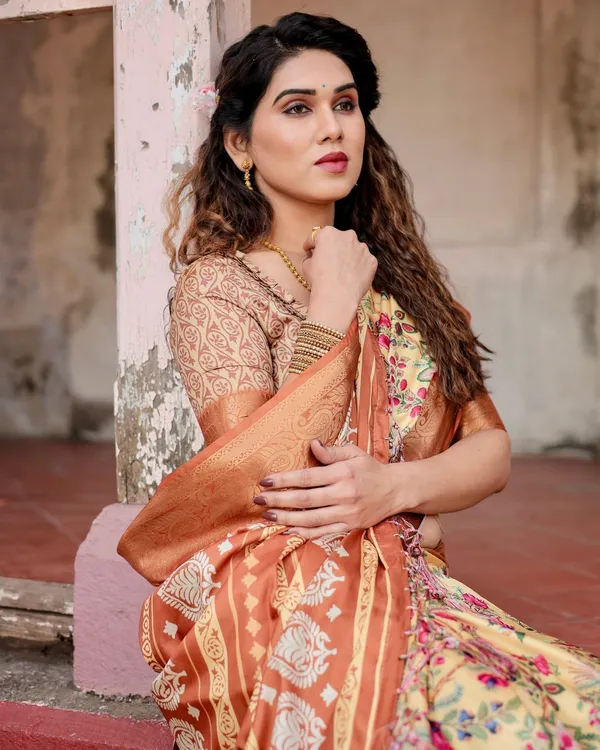 Golden_Beige_Tussar_Silk_Saree_with_Floral_Paradise_Print_and_Ornate_Zari_Border