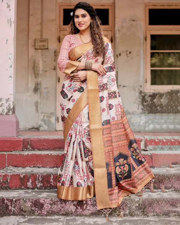Ivory_Tussar_Silk_Saree_with_Artistic_Floral_Motifs_and_Gleaming_Golden_Zari_Border