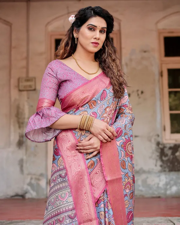 Graceful_Grey_Tussar_Silk_Saree_with_Pink_Zari_Border_and_Intricate_Floral_Motifs