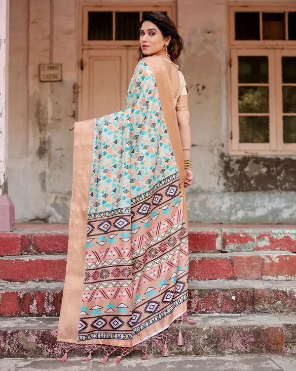 Contemporary_Beige_Tussar_Silk_Saree_with_Geometric_Triangle_Print_and_Golden_Zari_Border