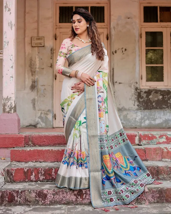 Ivory_Tussar_Silk_Saree_with_Handcrafted_Elephant_Motif_Pallu_and_Golden_Zari_Border