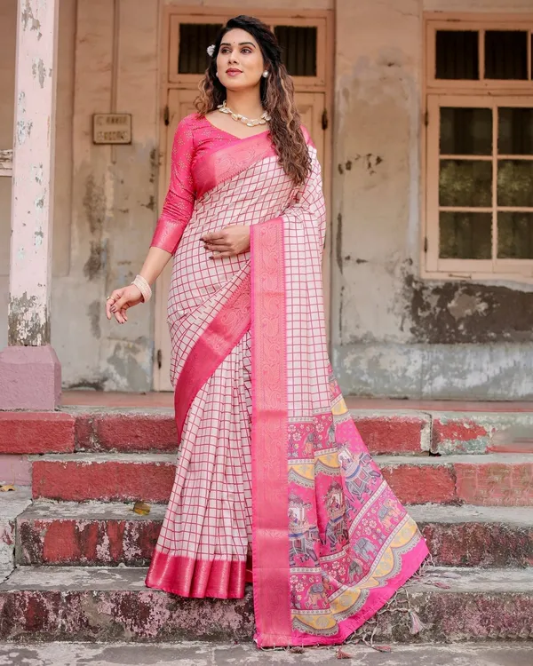 Pink_and_Ivory_Tussar_Silk_Saree_with_Golden_Zari_Border_and_Majestic_Elephant_Motif_Pallu