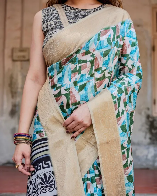 Contemporary_Abstract_Print_Saree_with_Gold_Border_and_Monochrome_Patterned_Pallu