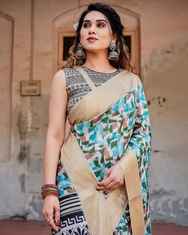 Contemporary_Abstract_Print_Saree_with_Gold_Border_and_Monochrome_Patterned_Pallu