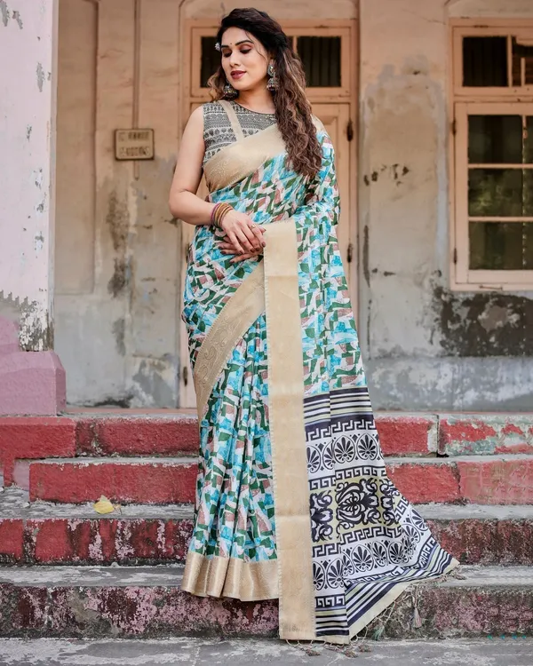 Contemporary_Abstract_Print_Saree_with_Gold_Border_and_Monochrome_Patterned_Pallu