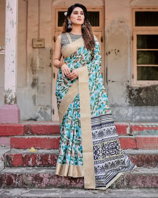 Contemporary_Abstract_Print_Saree_with_Gold_Border_and_Monochrome_Patterned_Pallu