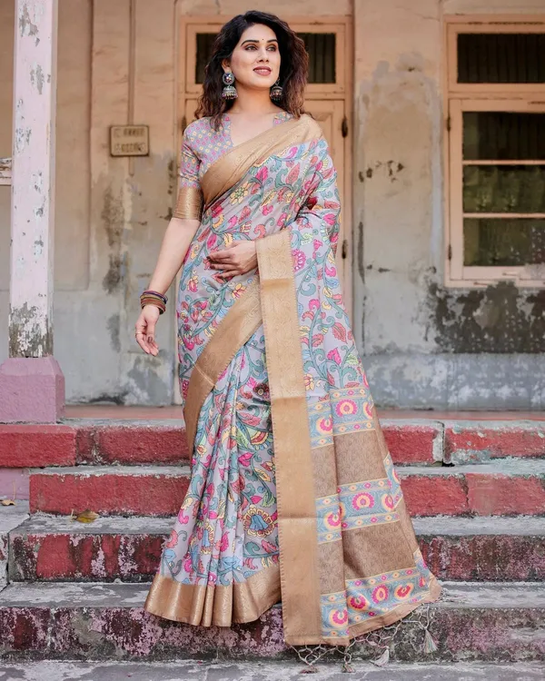 Exquisite_Gray_Floral_Digital_Print_Saree_with_Golden_Border_and_Ornamental_Pallu