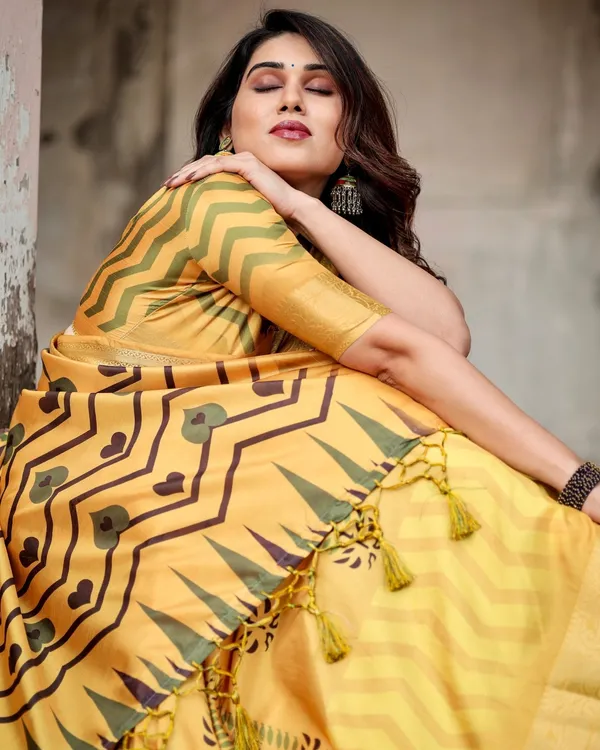 Golden_Yellow_Digital_Printed_Saree_with_Abstract_Patterns_and_Tassel_Detailing