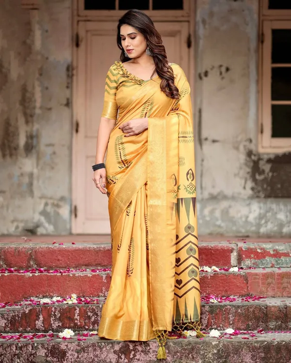 Golden_Yellow_Digital_Printed_Saree_with_Abstract_Patterns_and_Tassel_Detailing