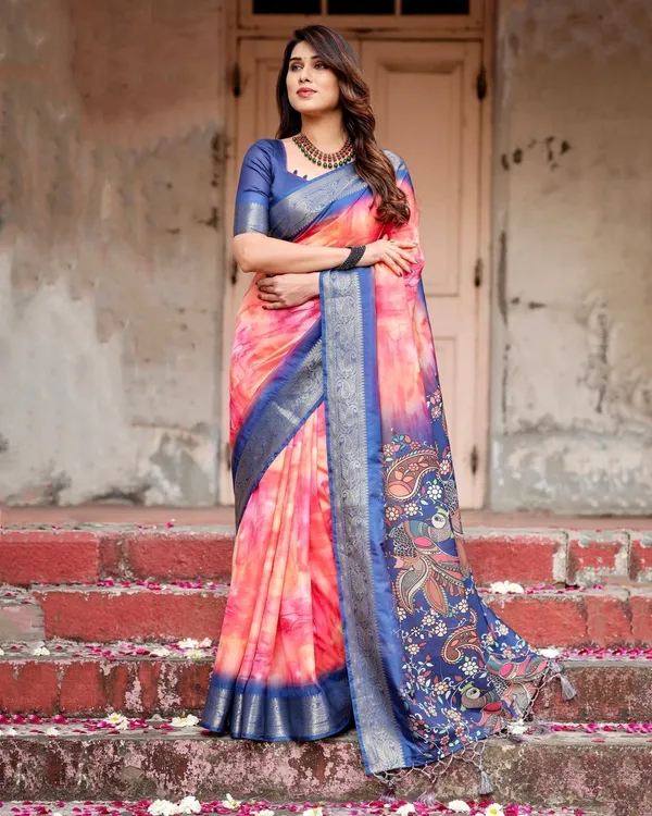 Pink_and_Blue_Digital_Printed_Saree_with_Peacock_Motif_and_Tassel_Detail