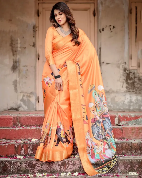 Sunset_Orange_Tussar_Silk_Saree_with_Royal_Procession_Pallu_and_Zari_Border