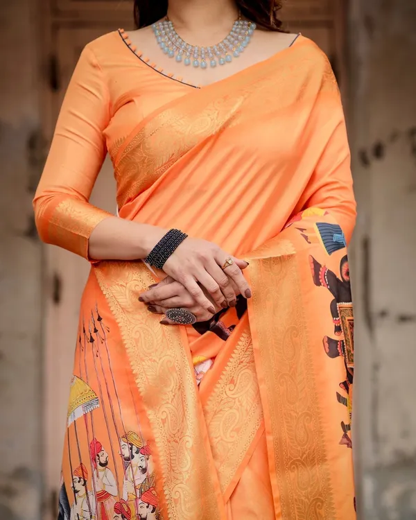 Sunset_Orange_Tussar_Silk_Saree_with_Royal_Procession_Pallu_and_Zari_Border