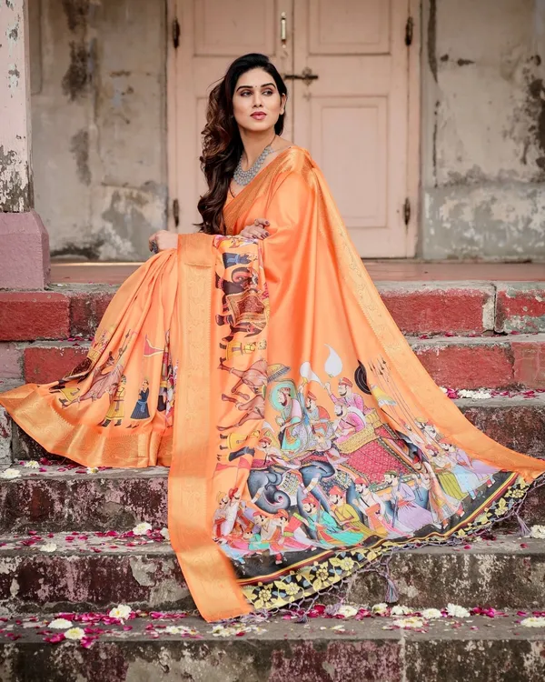 Sunset_Orange_Tussar_Silk_Saree_with_Royal_Procession_Pallu_and_Zari_Border