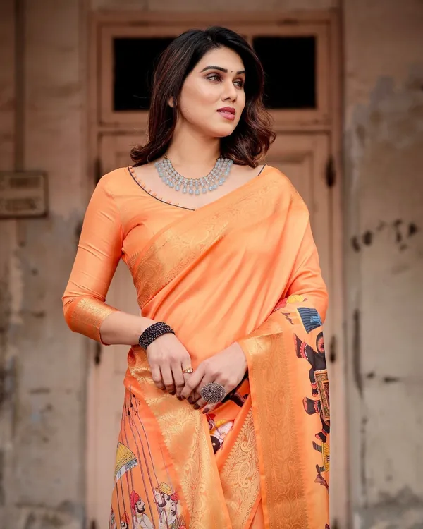 Sunset_Orange_Tussar_Silk_Saree_with_Royal_Procession_Pallu_and_Zari_Border