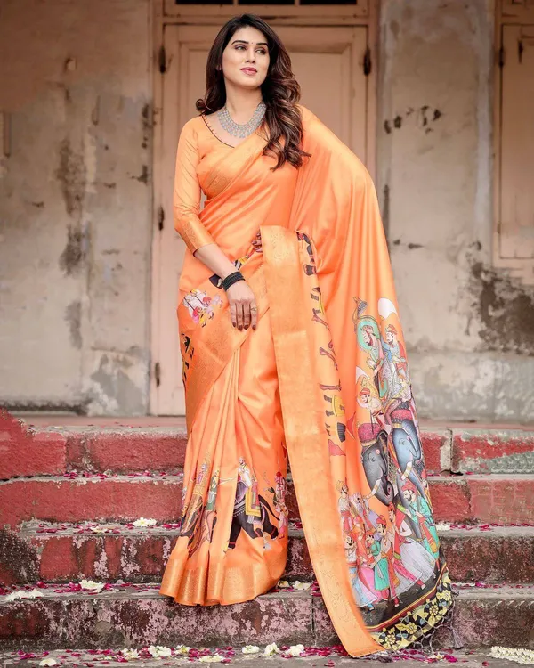 Sunset_Orange_Tussar_Silk_Saree_with_Royal_Procession_Pallu_and_Zari_Border