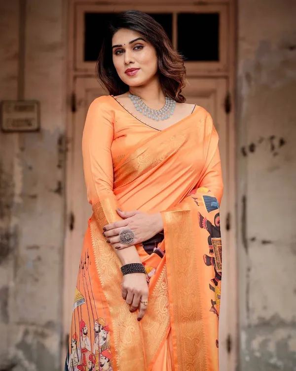 Sunset_Orange_Tussar_Silk_Saree_with_Royal_Procession_Pallu_and_Zari_Border