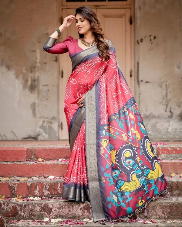 Crimson_Red_Tussar_Silk_Saree_with_Bandhani_Patterns,_Zari_Border,_and_Vibrant_Artistic_Pallu