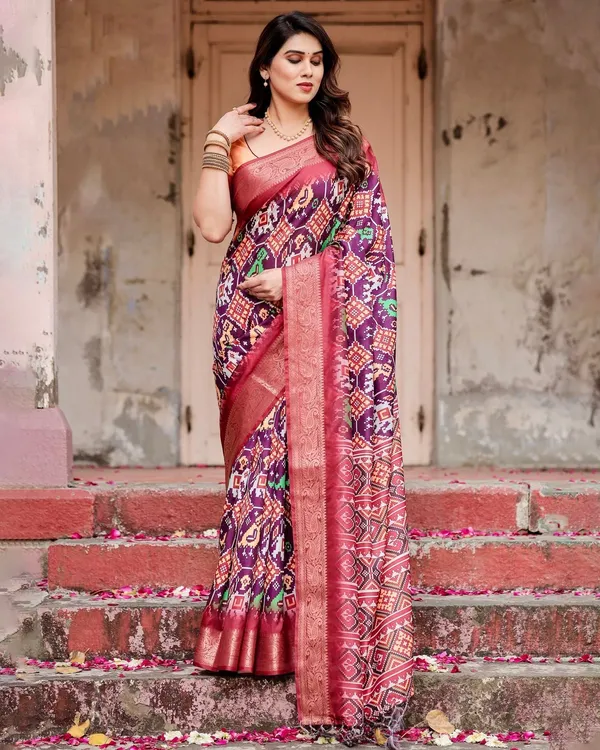 Wine_Purple_Tussar_Silk_Saree_with_Ikat-Inspired_Patterns_and_Rich_Zari_Border