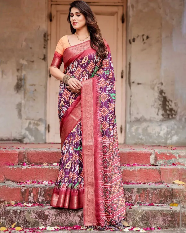 Wine_Purple_Tussar_Silk_Saree_with_Ikat-Inspired_Patterns_and_Rich_Zari_Border