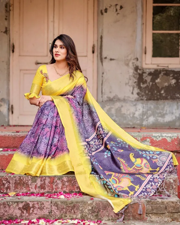 Purple_and_Yellow_Tussar_Silk_Saree_with_Artistic_Peacock_Pallu_and_Zari_Border