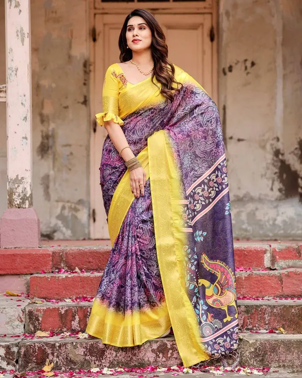 Purple_and_Yellow_Tussar_Silk_Saree_with_Artistic_Peacock_Pallu_and_Zari_Border