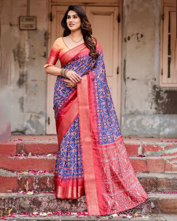 Royal_Blue_and_Red_Tussar_Silk_Saree_with_Geometric_Patterns_and_Ornate_Zari_Border