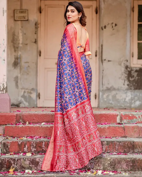 Royal_Blue_and_Red_Tussar_Silk_Saree_with_Geometric_Patterns_and_Ornate_Zari_Border