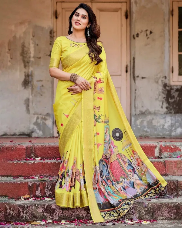 Vibrant_Yellow_Tussar_Silk_Saree_with_Royal_Procession_Pallu_and_Zari_Accents