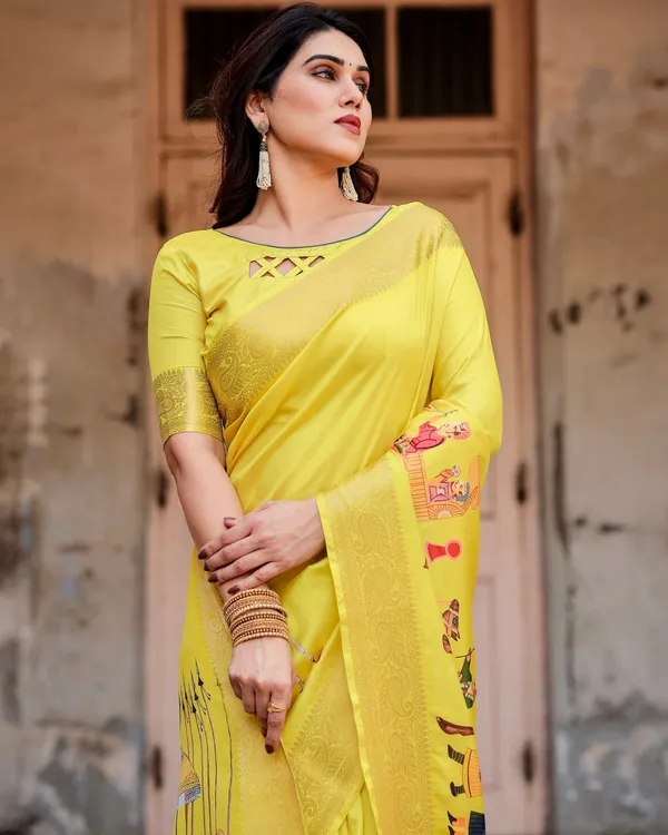 Vibrant_Yellow_Tussar_Silk_Saree_with_Royal_Procession_Pallu_and_Zari_Accents