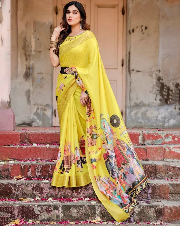 Vibrant_Yellow_Tussar_Silk_Saree_with_Royal_Procession_Pallu_and_Zari_Accents