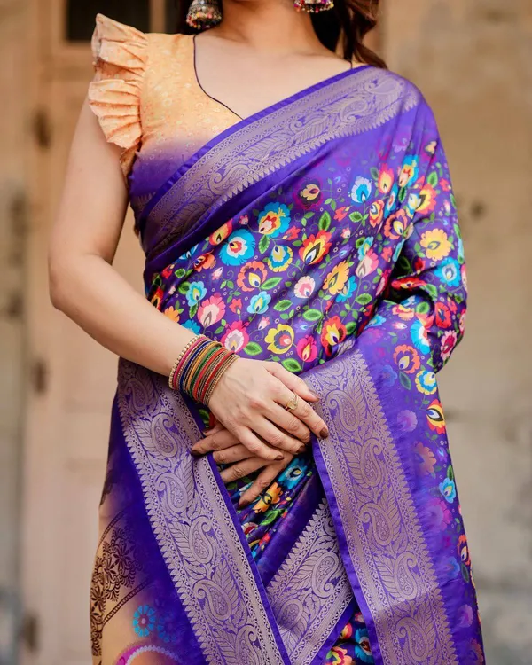 Royal_Purple_Tussar_Silk_Saree_with_Vibrant_Floral_Print_and_Peacock_Motif_Pallu