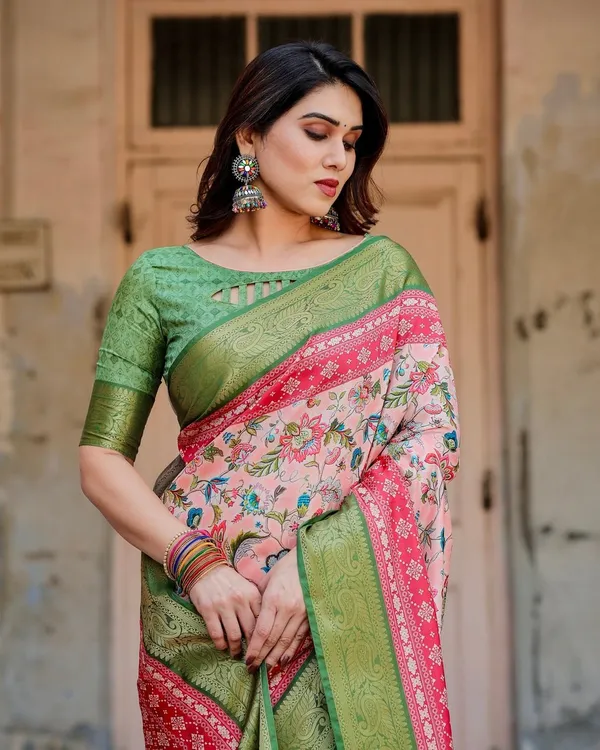 Blush_Pink_and_Green_Tussar_Silk_Saree_with_Floral_Prints_and_Intricate_Zari_Work
