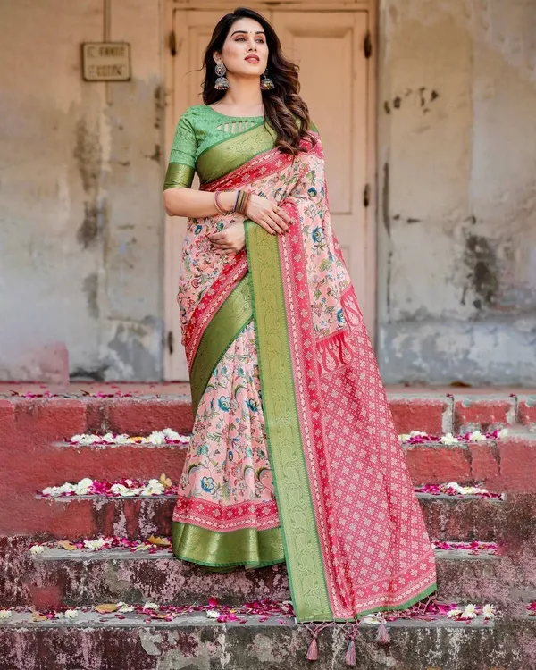 Blush_Pink_and_Green_Tussar_Silk_Saree_with_Floral_Prints_and_Intricate_Zari_Work