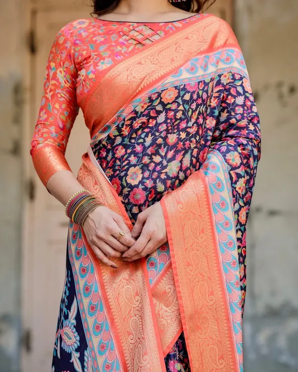 Navy_Blue_and_Peach_Tussar_Silk_Saree_with_Peacock_Motifs_and_Floral_Zari_Border