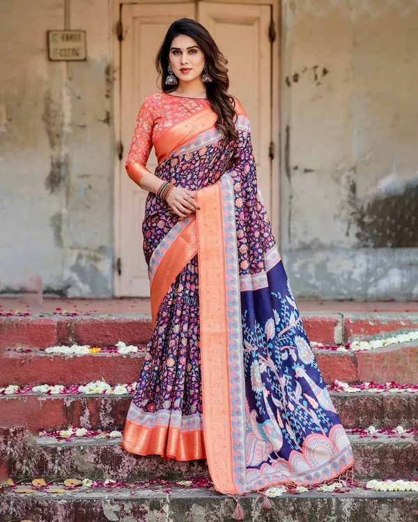 Navy_Blue_and_Peach_Tussar_Silk_Saree_with_Peacock_Motifs_and_Floral_Zari_Border