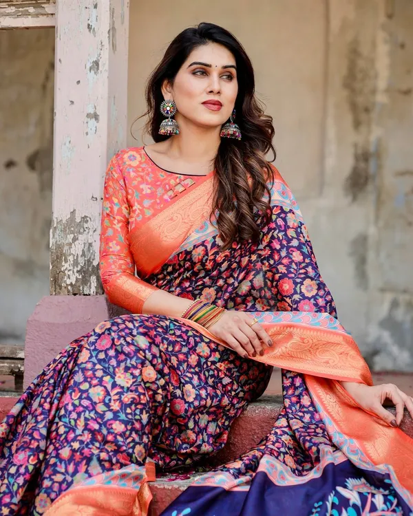 Navy_Blue_and_Peach_Tussar_Silk_Saree_with_Peacock_Motifs_and_Floral_Zari_Border