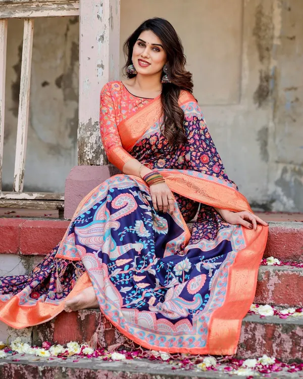 Navy_Blue_and_Peach_Tussar_Silk_Saree_with_Peacock_Motifs_and_Floral_Zari_Border