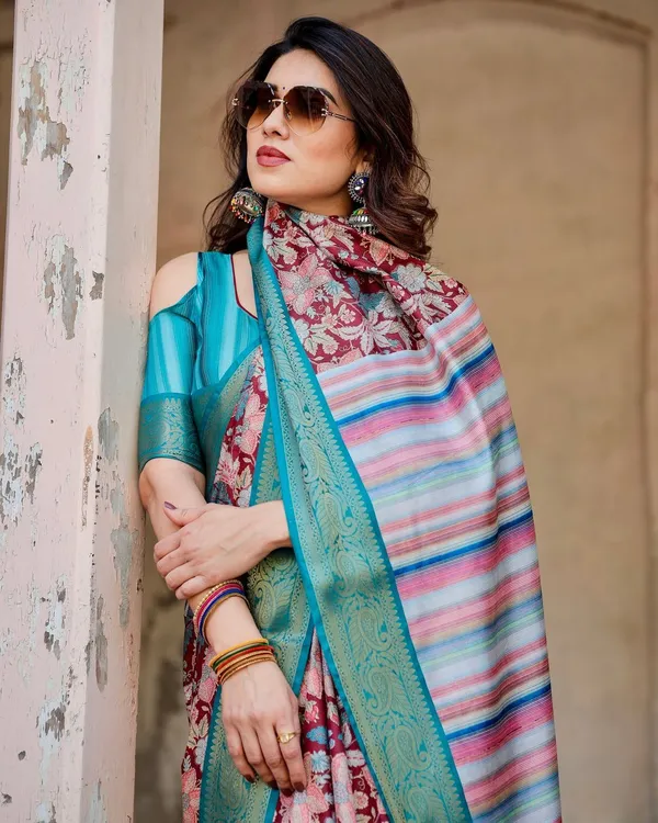 Maroon_and_Teal_Tussar_Silk_Saree_with_Floral_Zari_Weave_and_Striped_Pallu